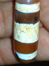 Rare Pre-1800s Indo/Tibetan Pema Raka 3 Stripes Dzi Bead 44*14mm 15.7grams picture