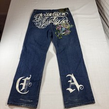 Vintage Y2K Christian Audigier Men's Dark Blue Knife Embroidered Jeans Sz 38x34 picture