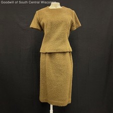 Wmns 60s 70s Vintage Brown Funky Textured Carpet 2pc Short Sleeve Skirt Top Set picture