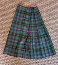 Vintage 60s 70s Tartan Plaid Wool Skirt Green Fringed Scottish Shop Pleated XS picture
