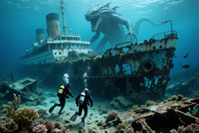Shipwreck 1900s Ocean Liner Divers Sea Monster Poster Sea Art Print 24 x 16 in picture