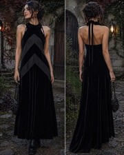 Vintage Velvet Maxi Dress Women 8 Black Halter Stripe Goth Vampy HOCO Prom picture