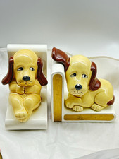 Vintage Lefton Ceramic Hound Dog Bookends Pair Puppies Foil Stickers Korea picture