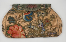 Antique 1920s Chinese Forbidden Stitch Silk Purse Beaded Enamel Clasp Clutch picture