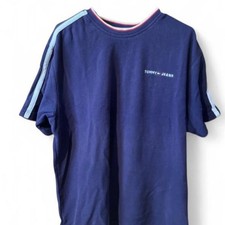 Vintage Tommy Jeans T Shirt Mens XL Spellout Navy Blue Stripe Heavyweight 90s picture
