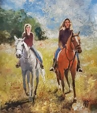 YARY DLUHOS Mother Daughter Women Horses Female Figure Original Art Oil Painting picture
