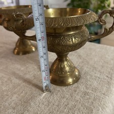 Vintage Pair of Solid Brass Ornate Double Handled Pedestal  Vessel picture