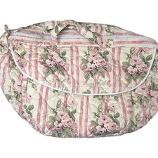 Vintage Quilted Floral Duffle Bag Pink Rose Stripe Mid Century Travel Tote OOAK picture