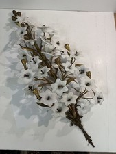 Vtg Italian Style Gilt Brass Wall Sculpture White Milk Glass Lily Flowers 40
