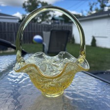 Vintage Fenton Yellow Topaz Strawberry Pattern Art Glass Basket Flawless picture