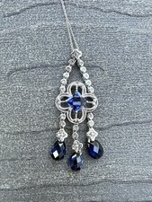 Estate 10k White Gold Diamond, Clover, Briollete Sapphire 2” Chandelier Necklace picture