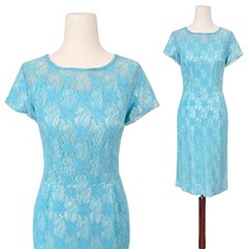 1950s Vintage Dress 50s Lace Wiggle Sheath Cocktail Blue Hourglass ILGWU Small picture