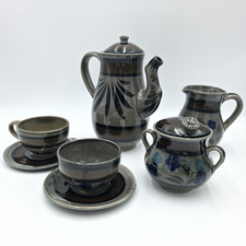 Vintage Mexican Tonalá Style Pottery Tea Coffee Set Blue Floral MEXICO 9 Pc picture