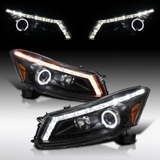 Fit 2008-2012 Honda Accord Sedan 4Dr Black LED Halo Projector Headlights Lamps picture