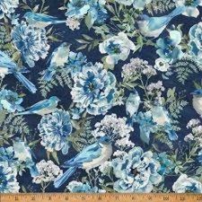Porch View Cotton Fabric Dark Blue Flowers Birds  Hoffman By The Yard  picture