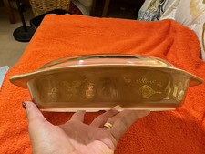 Vintage Pyrex Early American 1.5 Qt Divided Casserole 945C Lid Gold Brown EUC  picture
