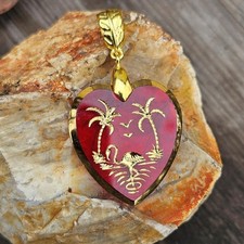 Vintage Red Glass Heart Charm Intaglio Pendant Gold Tropical Palm Tree Jewelry picture