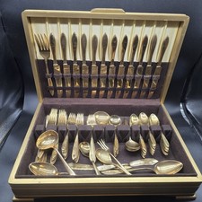 Dirilyte Regal Flatware Gold Dinnerware 93 Piece Vintage With Case Paperwork  picture