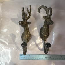 Vintage Cast Brass Ibex Antelope Deer Wall Hooks Pair Animal Coat Hooks picture