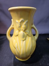 Vintage McCoy Pottery Yellow Floral Bud Vase 5.5” Double Handle Art Deco USA” picture