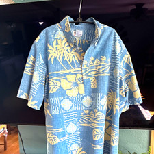 Reyn Spooner Men's XL Blue Beige Floral Hawaiian Button-Up Long Sleeve Shirt picture