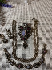 Vintage Sarah Coventry set Contessa Faux Opal Brooch Earrings Bracelet Chain picture