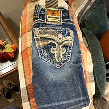 Rock Revival Men’s Blue Denim Slim Straight Jeans Mid Rise Embroidered Logo picture