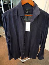 REISS Men's Linen Button-Up Shirt Long Sleeve Point Collar Navy Regular Fit XL picture
