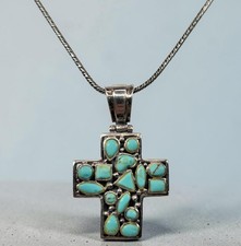 18 Silpada 925 Sterling Silver Rope Chain Signed SE Thai Cross Turquoise Pendant picture
