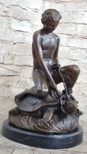 Signed Mercie Nude Boy Riding Turtle Bronze Sculpture Marble Base Figurine Decor picture