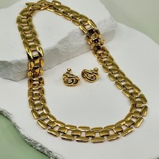 Napier Vintage Gold Tone Link Necklace & Clip On Earrings Statement Jewelry Set picture