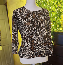 Chico’s Women’s 0 Brown/Black/Beige Rib-Knit Animal Print Linen/Cotton Sweater picture