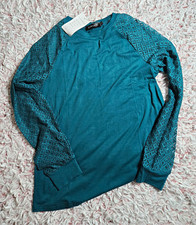 KLWCIFFF Women's Teal Knit Crew Neck Long Sleeve Pullover Top Lace, Size S picture