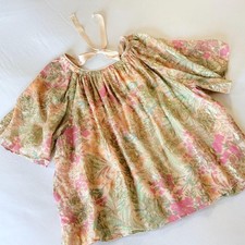LOFT Gold Metallic Floral Tie-Back Puff Sleeve Blouse XL Ivory Pink Green picture