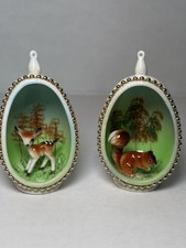 Vintage Genuine Bone China Japan Diorama Egg Ornaments Deer & Squirrel Set 2 picture