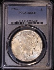 1922-S Peace Dollar $1 Silver PCGS MS64+, Tough Plus Grade picture