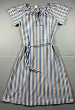 VTG 70s 80s Blue/Yellow Striped Short Sleeve Dress w/ Matching Belt, Size 13/14 picture