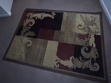 Abstract Bordered Rectangle Accent Rug Beige Brown Burgundy Black Patchwork picture