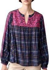 Anthropologie Embroidered Plaid Boho Lightweight L  Savanna Jane Navy Pink Top picture