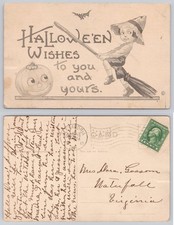 1913 Halloween Wishes Postcard Boy on Broom Jack-o'-Lantern Bat Wall Signed picture