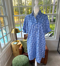 J. McLaughlin Arissa Dress Blue/White Geometric Pockets Collared Button Knee M picture