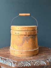 Antique Pine Firkin Wooden Sugar Bucket with Lid & Bail Handle Primitive 9.75