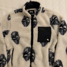 Stussy Men's White/Black Fleece Jacket Full Zip Stand-Up Collar Pockets XL picture
