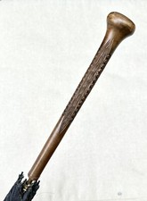 Vintage Antique PK Art Deco Carved Wood Handle Large Black Tent Umbrella Parasol picture