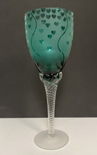 Wylie Ponder Signed Teal Green Wine Glass Hearts 1993 Handmade Goblet Vintage picture