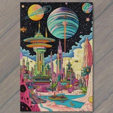 STICKER Futuristic Cityscape Neon Sci-Fi Alien World Space Scene Planets picture