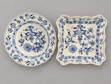 Antique Meissen Blue Onion 9” Square Bowl & Thun Klösterle Meissen 10” Bowl picture
