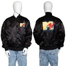 80’s Black Satin MTV Jacket Vintage Style Satin Bomber Varsity Jacket picture