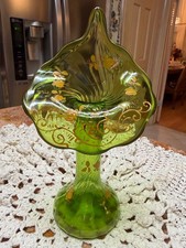 Antique Bohemian Jack In the Pulpit Vase, Green Swirled Glass,  Gold Floral 9” picture