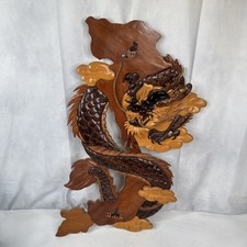 Vintage Handcrafted Wooden Wood Intarsia 3D Wall Hanging Dragon Asian Dojo Decor picture